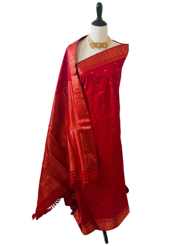 Assam Pat Mulberry Silk Saree | Red | Gold Zari | Handwoven | Silk Mark Certified | Ships from California